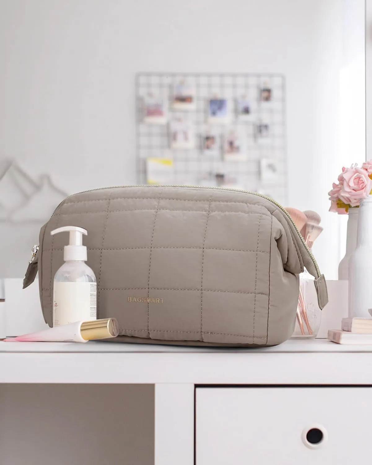 Womens Puffy Padded Makeup Bag Wide-open Travel Toiletry Bag