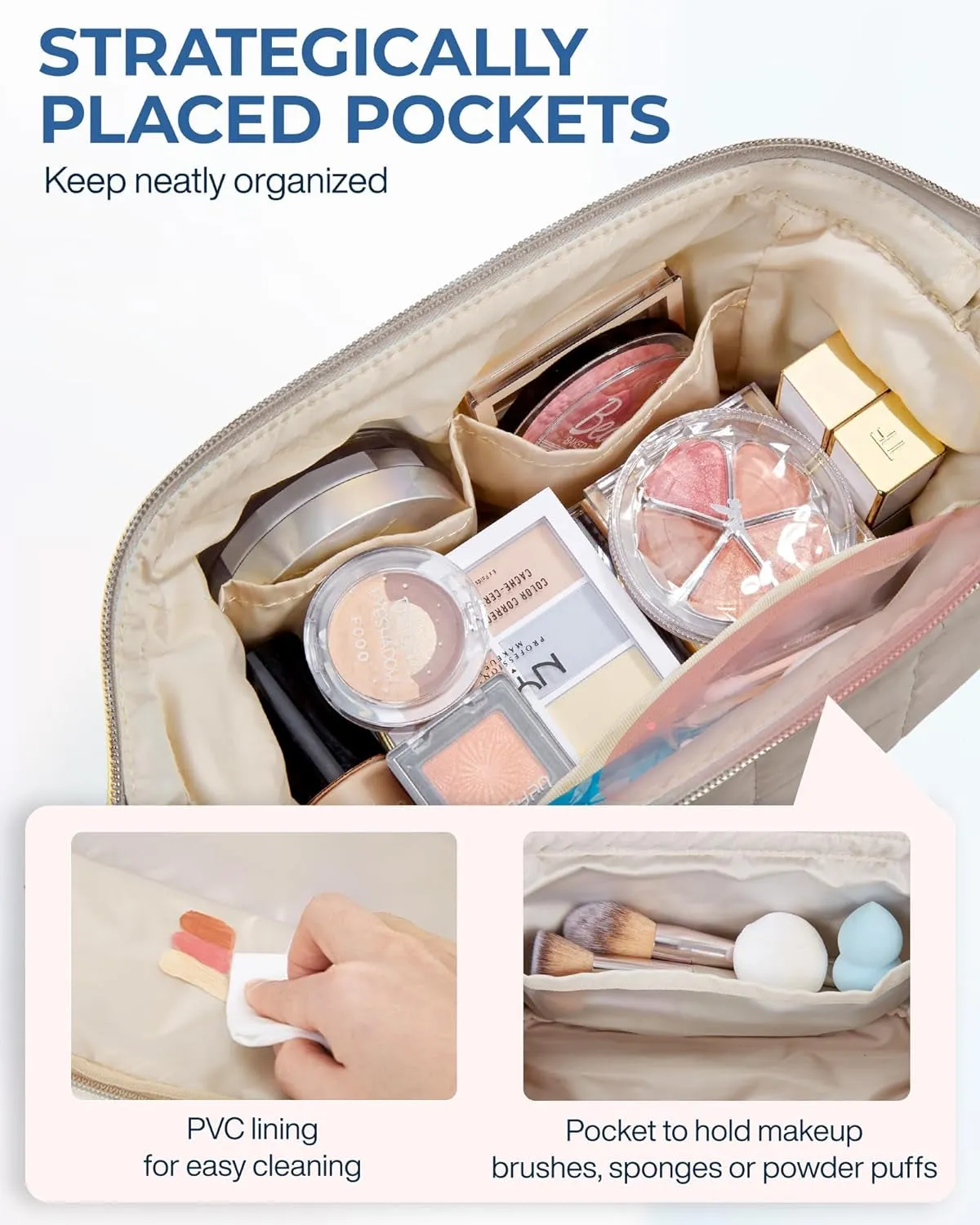 Womens Puffy Padded Makeup Bag Wide-open Travel Toiletry Bag