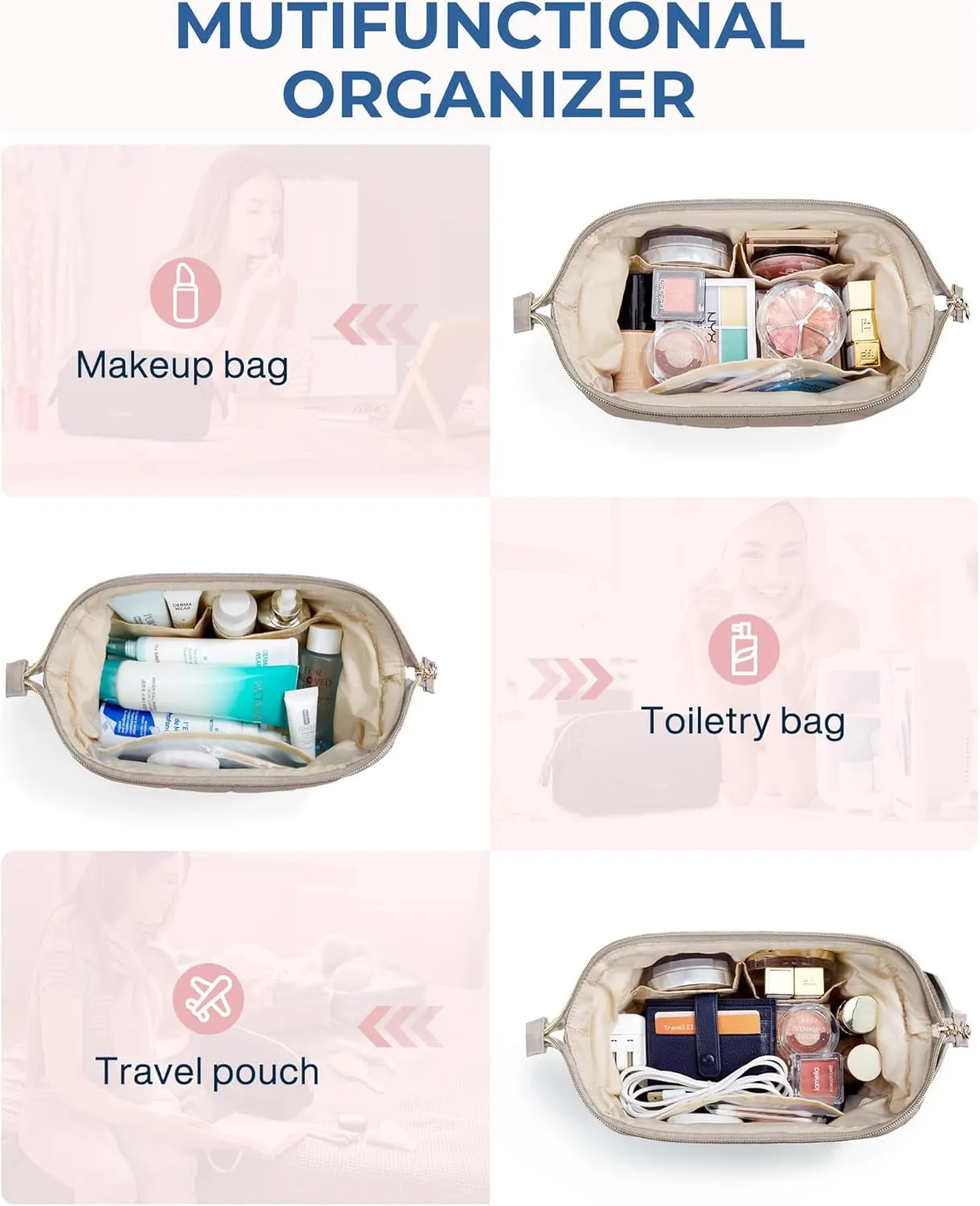 Womens Puffy Padded Makeup Bag Wide-open Travel Toiletry Bag