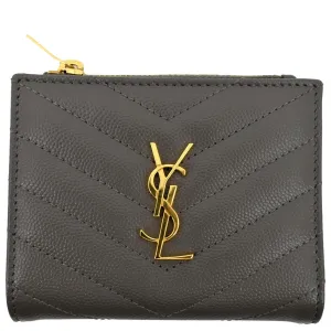 YVES SAINT LAURENT Monogram Compact Leather Zip Wallet Grey