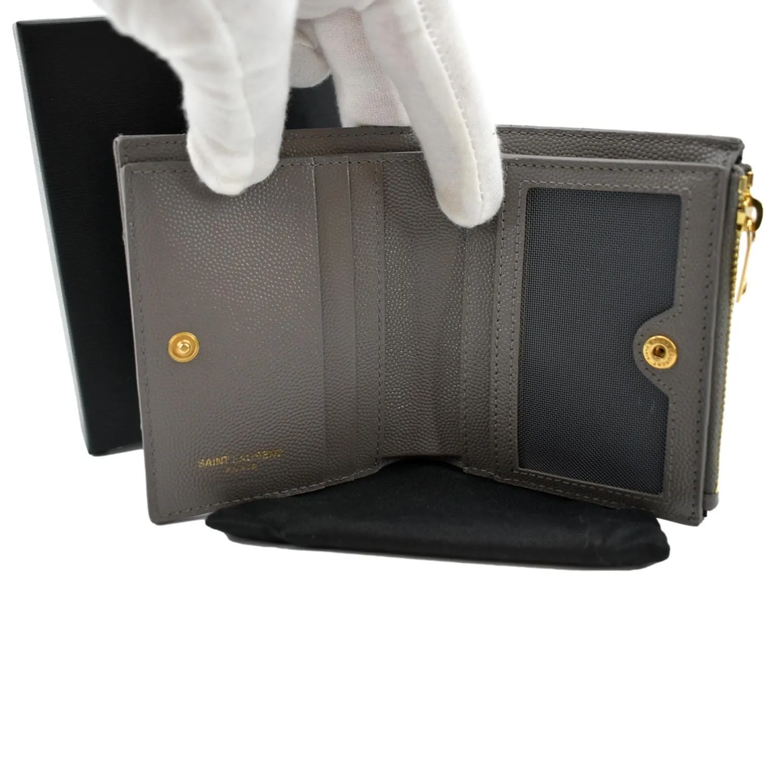 YVES SAINT LAURENT Monogram Compact Leather Zip Wallet Grey