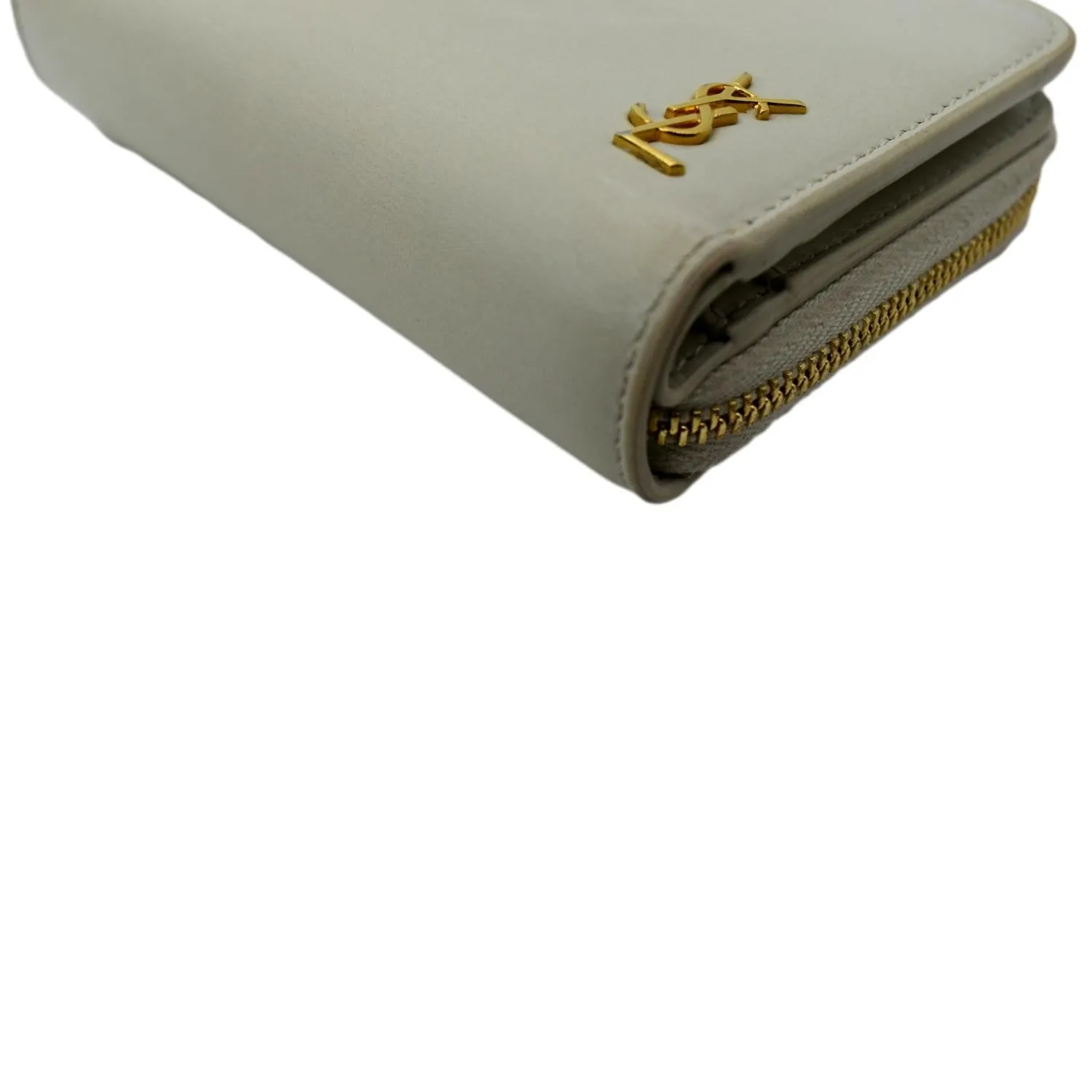 YVES SAINT LAURENT Tiny Monogram Compact Leather Zip Around Wallet White